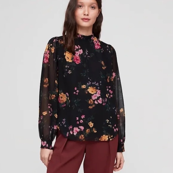 Aritzia Wilfred Paula Blouse- Black Floral Long Sleeve High Neck Chiffon Top - Picture 6 of 7